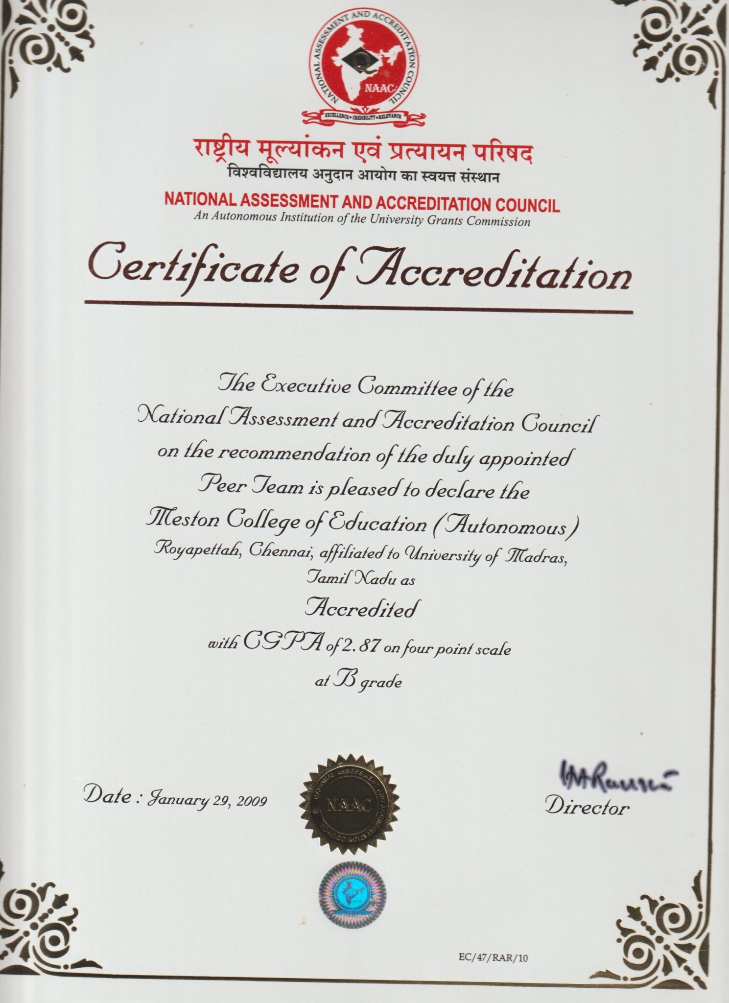 NAAC Certificate - Meston College of Education